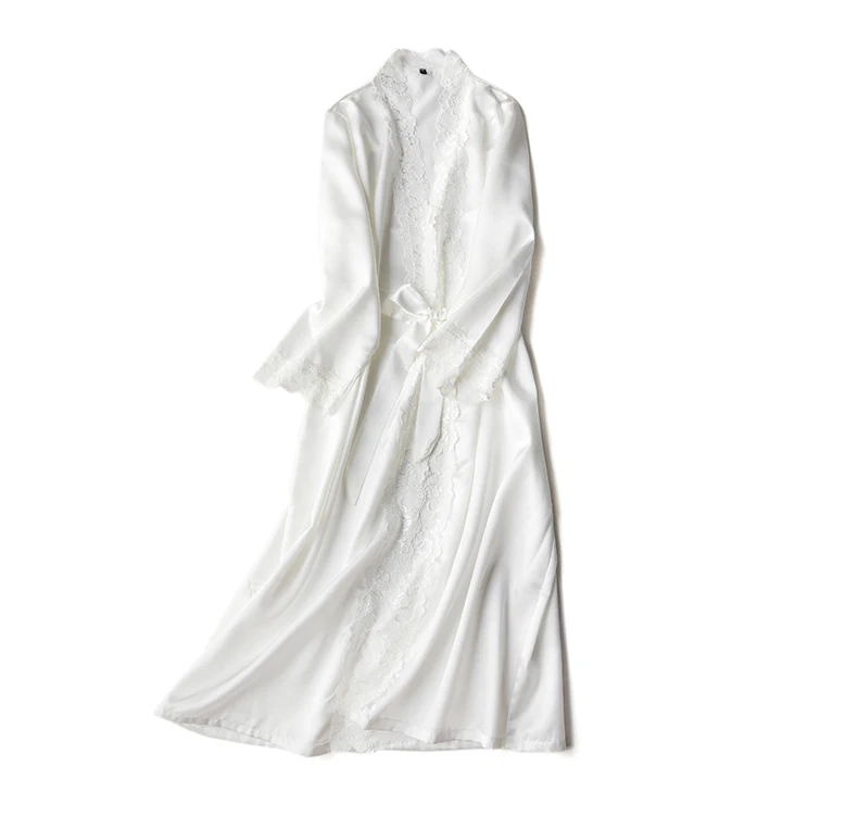 Шелковый кружевной длинный халат, летние женские ночные рубашки, женский тонкий купальный халат, сексуальный женский шелковый халат, женский домашний ночной халат - Цвет: white