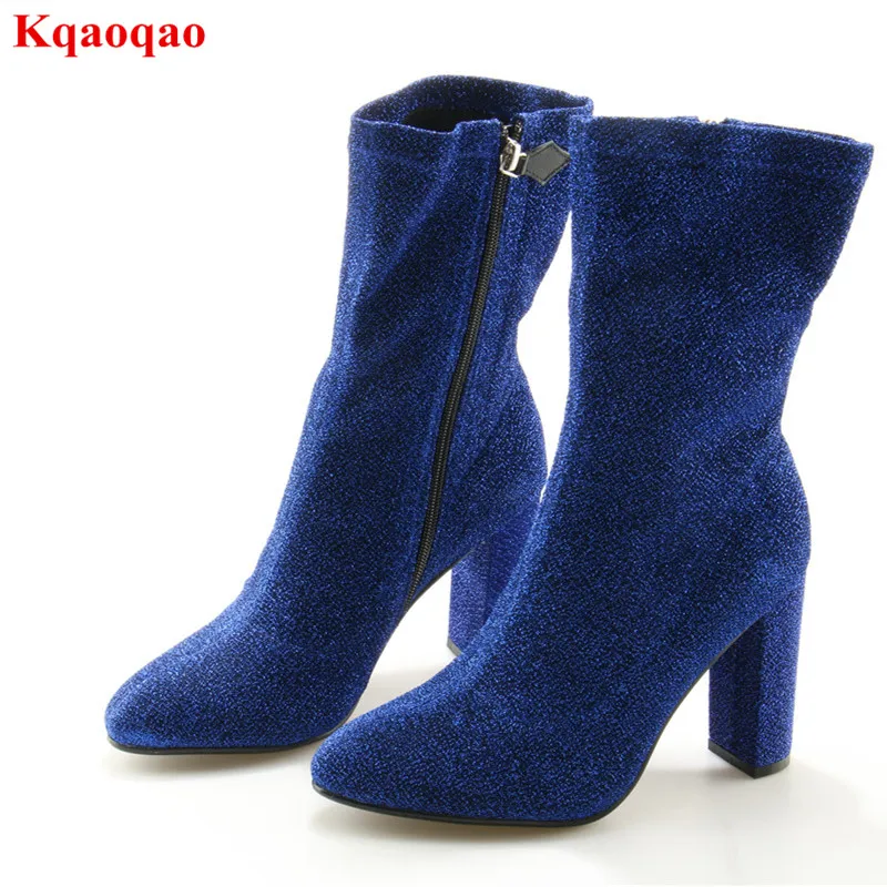 

Round Toe Stretch Fabric Hot Women Boots Luxury Brand Super Star Runway Shoes High Heel Sexy Winter Bling Short Booties