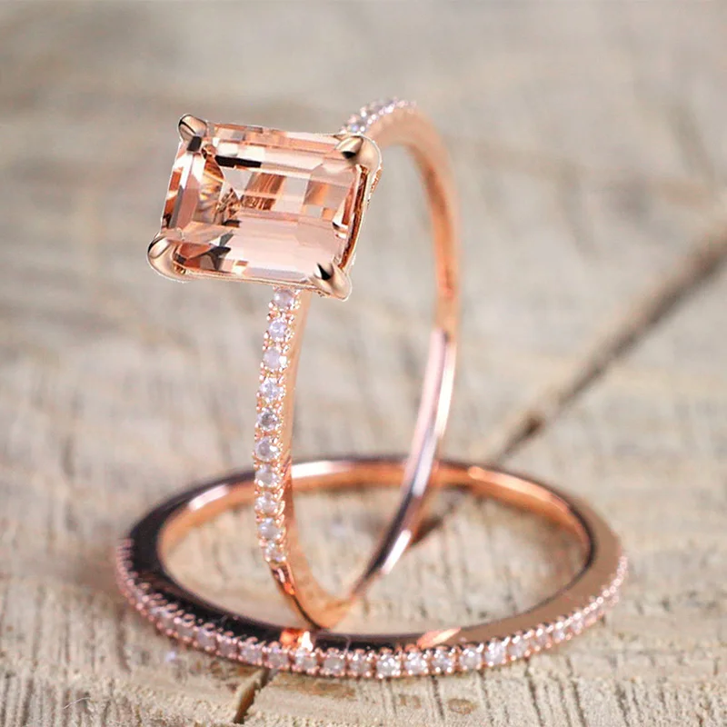 Свадебные специальные розовое золото двойные кольца квадратной формы с цирконом Заполненный Белый Хрустальный циркониевый обручальное кольцо Прямая поставка
