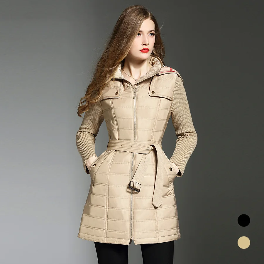 3311 Black/Khaki Winter Coat Women Keep Warm Down Cotton Adjustable Waist Hooded Slim Knitted
