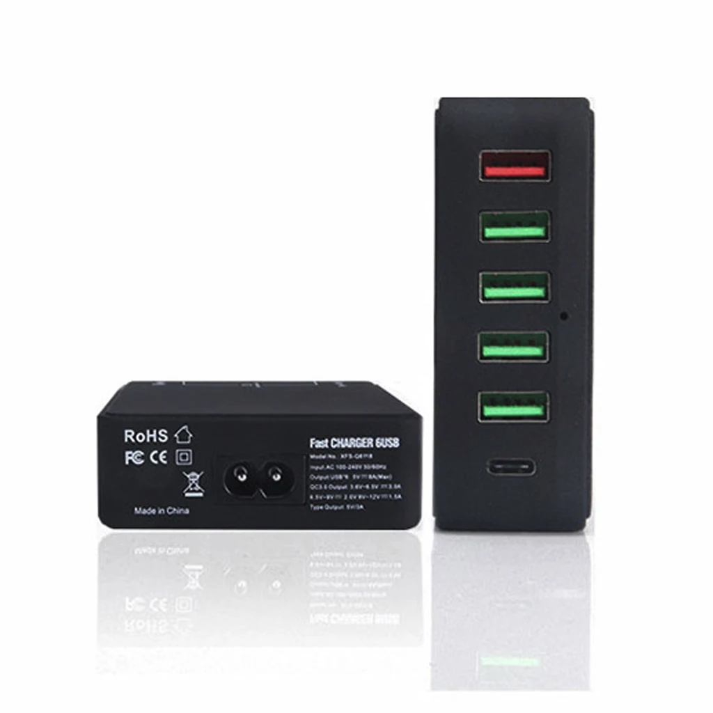 6 Port 60W Type C USB Charging Station,Wall Charger Hub Fast Charging Station with Qualcomm Quick Charge 3.0 and Type C