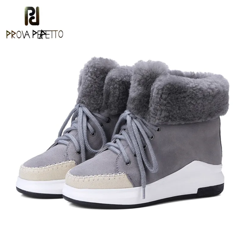 

Prova Perfetto New Style Thick Bottom with Real Fur Winter Short Boots Lace-up Keep Warm Black Solid Color Wool Ankle Boots