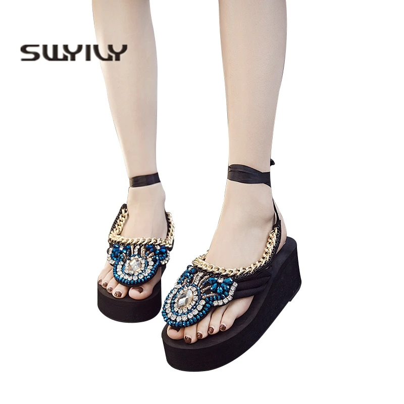 

SWYIVY Shoes Sandals Women Bohemia Beach Sandals Platform Shoes Summer Female Rhinstone Bandage Black Shoe Female Fashion Sandal