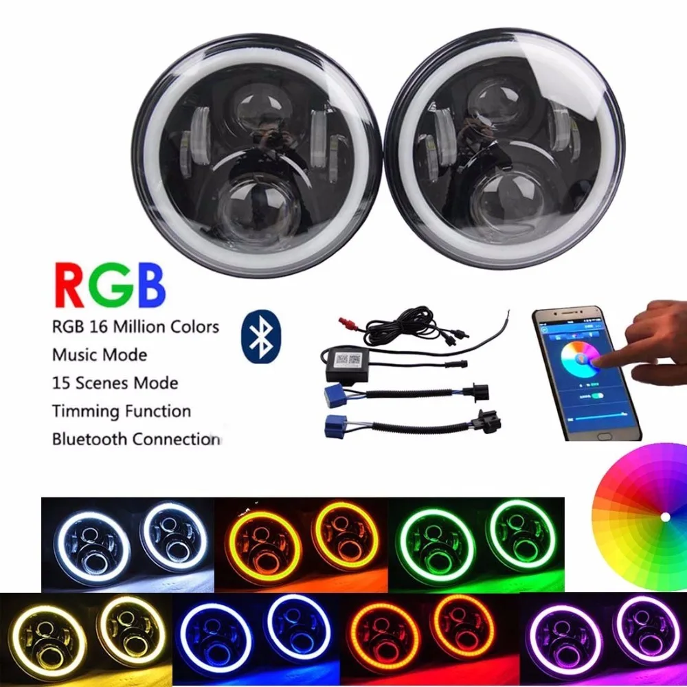 

DOT 2X LED RGB Headlight 7" Round For Jeep Wrangler TJ CJ JK Hummer H1 H2 Land Rover Colorfull Halo Ring Controlled by Bluetooth