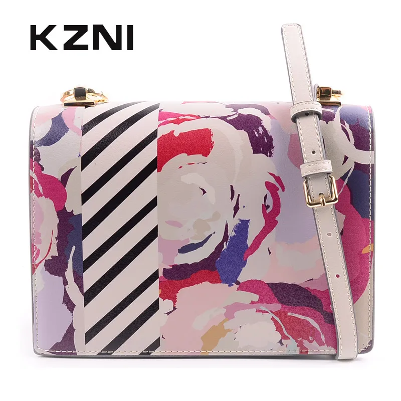 

KZNI Real Leather Floral Print Clutch Cross Shoulder Bags with Chain Cross Shoulder Bags Female High Quality Bolsos Mujer 9139
