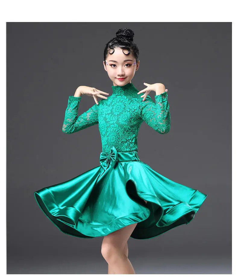 Новые кружевные платья для Бальных и латинских танцев для девочек,, ча-румба-Самба, джив, детское платье с длинными рукавами для подростков - Цвет: Green Long sleeve
