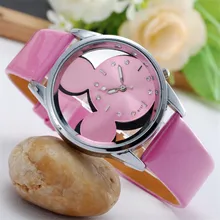 Мода Relojes с Микки Маусом Мышь детей часы прозрачные полые Кварцевые часы Женщины кожаный ремешок наручные часы девушке подарок