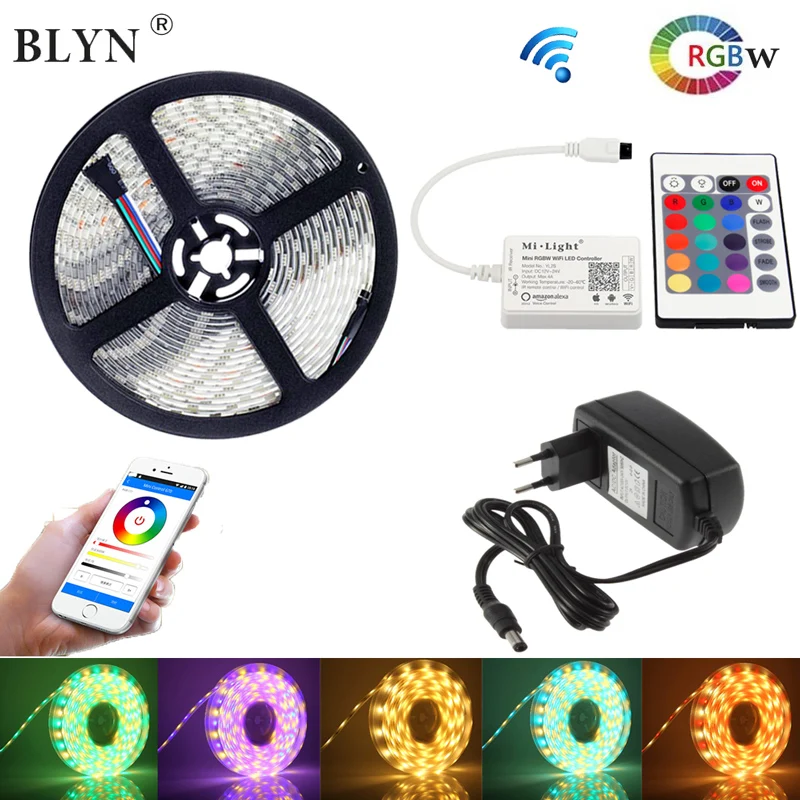 

BLYN 5050 RGBW WIFI LED Strip RGBWW 5M Waterproof Rope Light Mi Light Smart WIFI Controller IR Remote 40Key 12V 3A Power Adapter