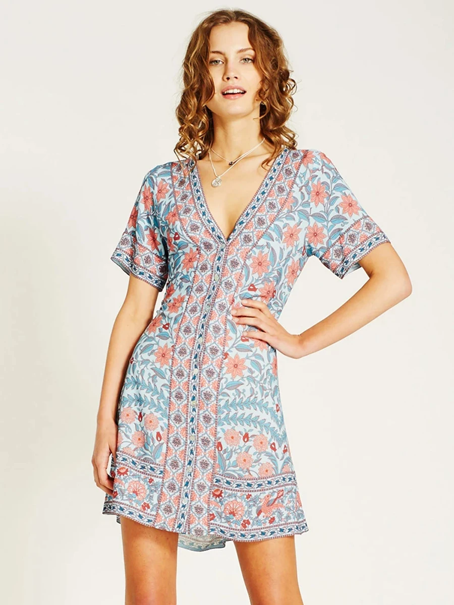 

Women New Floral Printing Dresses Vintage Deep V-Neck Short Sleeve Sexy Slim A Word Mini Girls Dresses Summer 2019