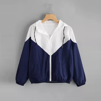 

Women Casual Coat Female Long Sleeve Patchwork Thin Skinsuits Hooded Zipper Pockets Patchwork Plus Size casacas para mujer -