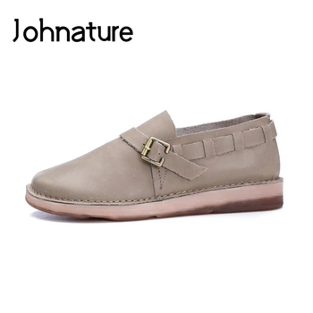 

Johnature 2020 New Spring/Autumn Genuine Leather Casual Round Toe Retro Metal Decoration Women Shoes