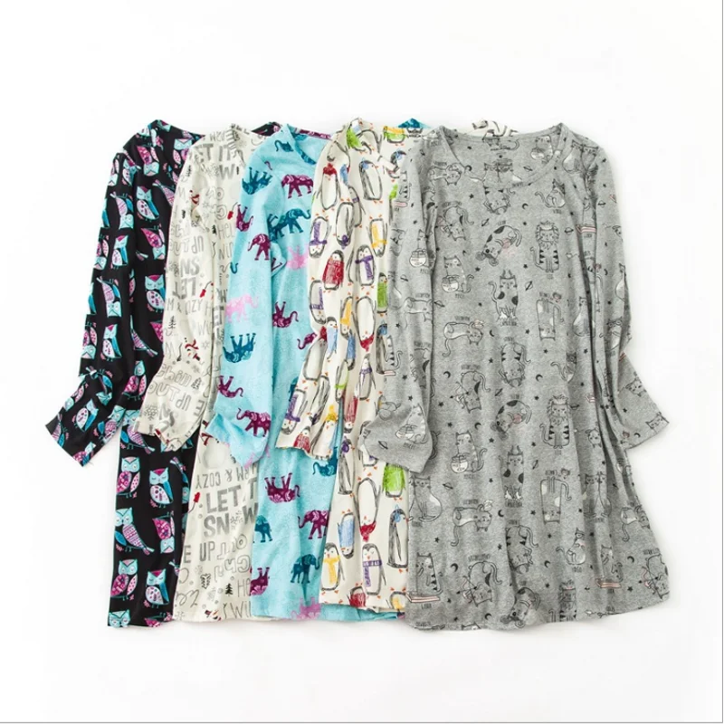 

2019 Autumn Female Casual cartoon nighty dress Ladies 100% Cotton Nightgown Women Long Sleeve Round collar Plus size sleepshirt