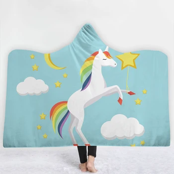 

Rainbow horse Blanket with hat keep Warm soft sofa comfortable blue bottom Blanket lovely style White clouds Blanket