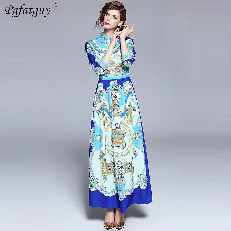 

Elegant Women Pleated Dress Blue Hit Color Horse Pattern Print Dress 2019 New Summer Casual Female Lady Party Vestidos