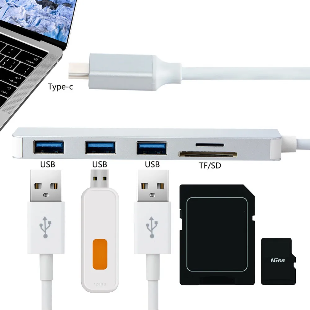 Тип C USB 3,0 к 3xusb 3,0 5in1 Hub адаптер SD TF Card Reader для компьютера Поддержка TF, SD, Micro SDHC, SDHC, UHS-I и т. д. 31