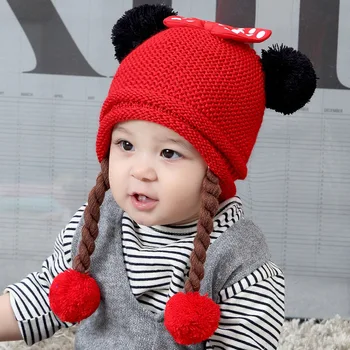 

1pcs Children's winter warm hat Children's cap for girls casual baby caps Ball Bow Hats Knitted Wool with braid for newborn