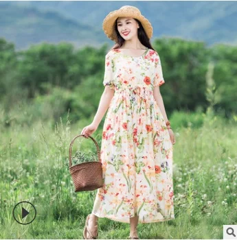 

In the summer of 2018 new products listed, original design loose big code printing 100% cotton linen leisure women dress
