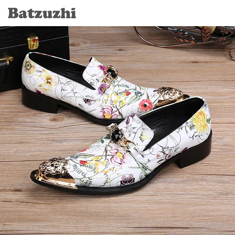 Batzuzhi итальянский Стиль ручной работы Пояса из натуральной кожи Обувь Для мужчин острым металлическим носком белый Цветочный принт кожа