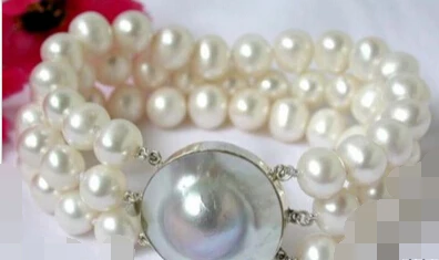 

N1114 beautiful 3strands 8" 9-10mm white round freshwater pearl bangle bracelet Natural >>free shipping -Bride jewelry free ship