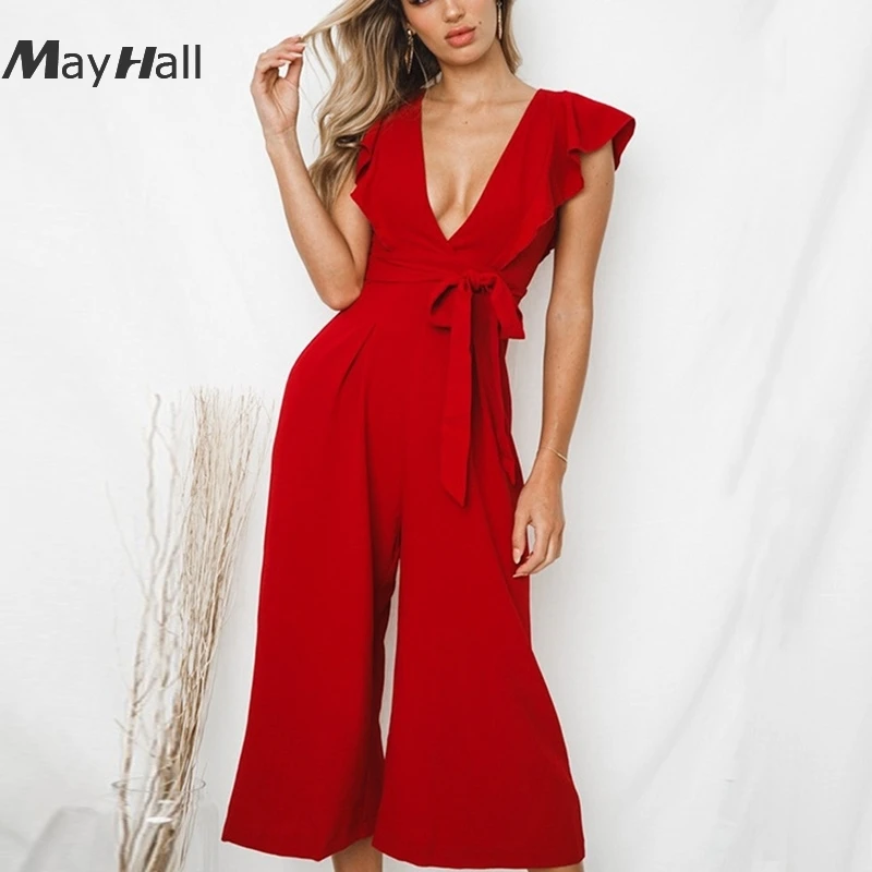 

MayHall Front Tie up Women Plaid Summer Jumpsuits V neck Strap Party Overalls For Female Sexy Beach mono mujer 2018 MH192