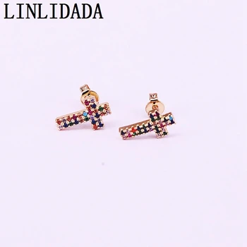 

8Pairs Rainbow cross earring studs gold color multi color cz micro pave delicate fashion jewelry