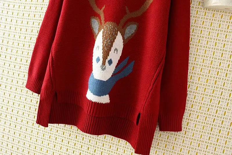 Большие размеры на осень-зиму круглым вырезом женские трикотажные пуловеры 2018 года Повседневная черный и темно-красный олень свободные