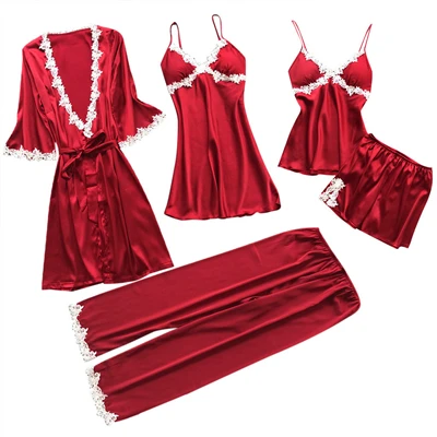 Женские пижамы, 5 шт., атласная пижама, шелковая Домашняя одежда, домашняя одежда, вышивка, Пижама для сна, для отдыха, пижама с нагрудными накладками - Цвет: Красный