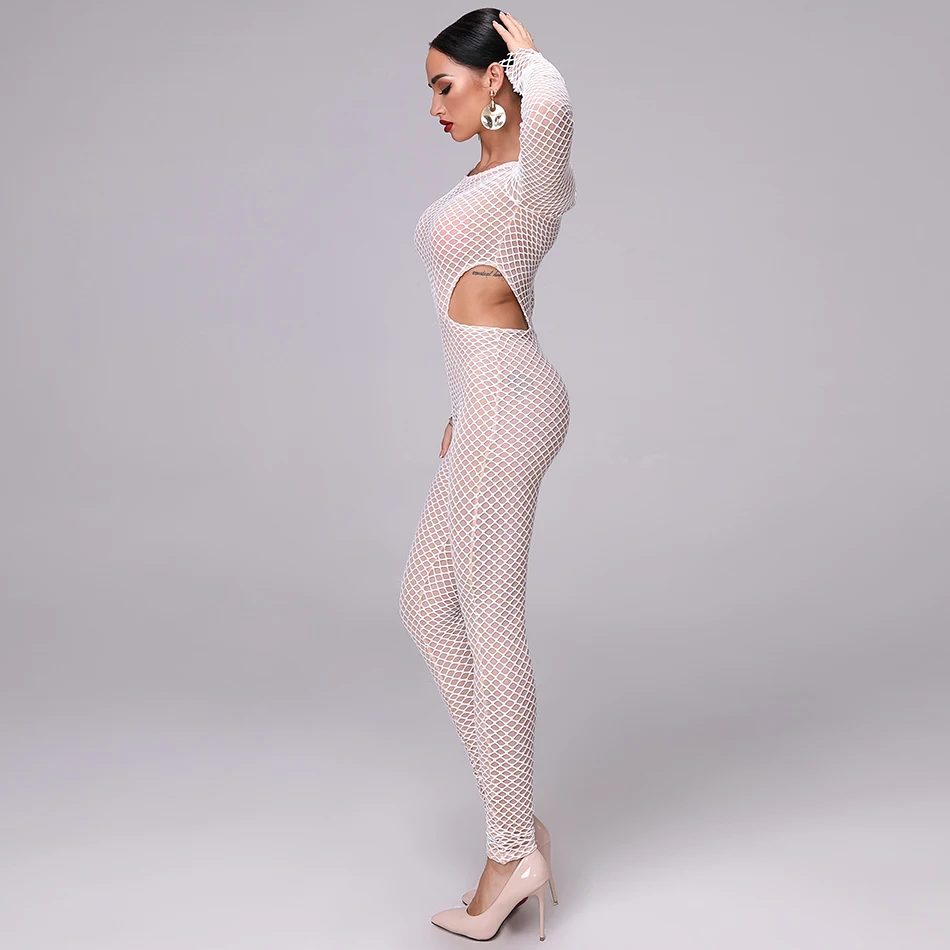 New Women's Shiny Perspective Bodysuit Khloe Kardashian Inspiration Transparent Waist Hollow Hole Tight Mesh Full Mesh Socks