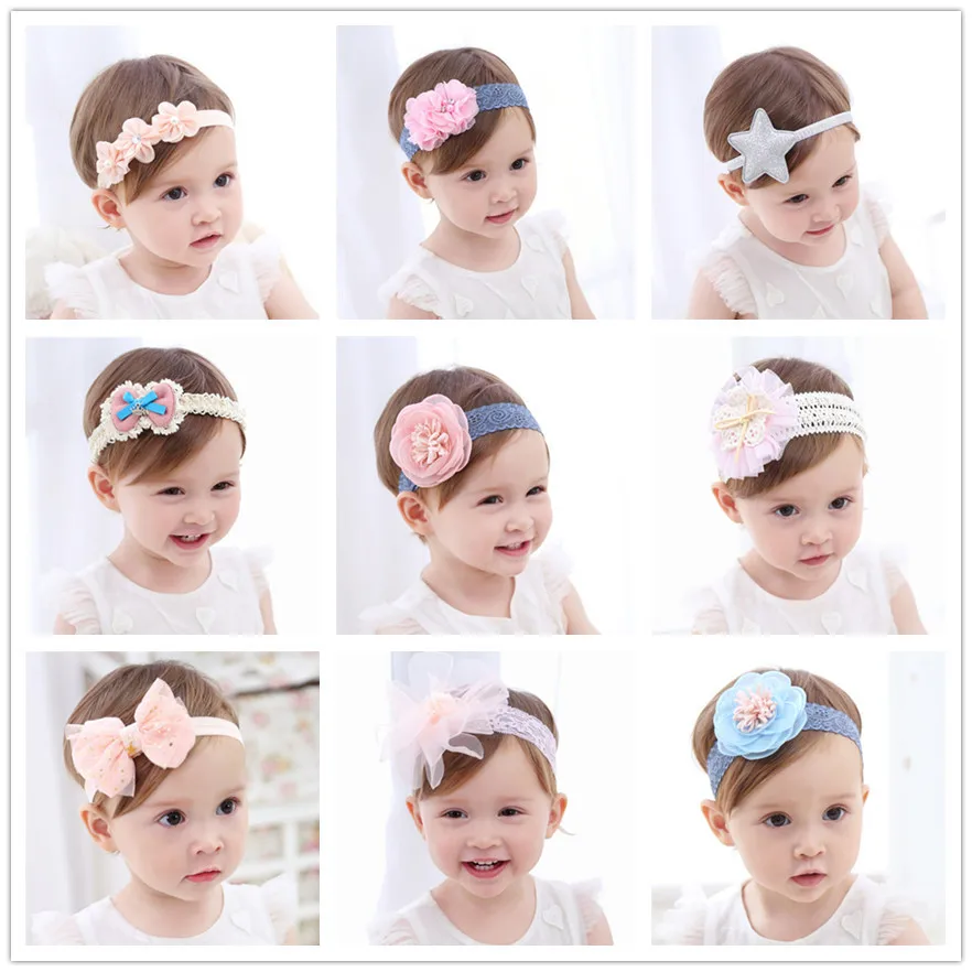 

Fashion Newborn Hair Accessories Baby Headband Lace Flowers Cute Toddler Children Kids Girl Headgear Elastic Bows Headdress