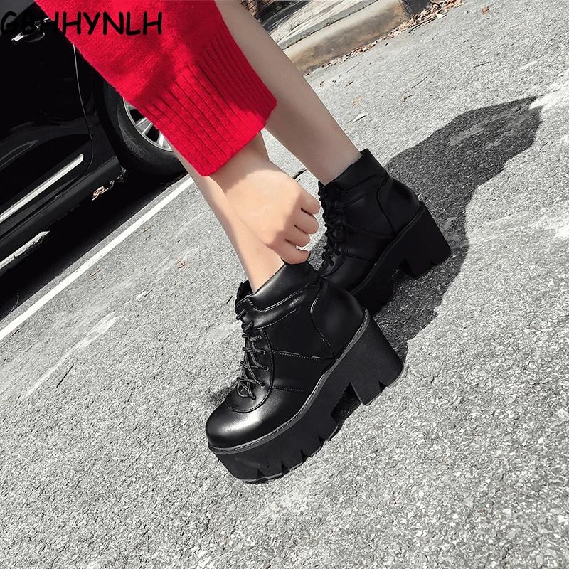 

GBHHYNLH Fashion Ankle Boots For Women Platform Shoes Punk Gothic Style Rubber Sole Lace Up Spring Autumn Chunky Boots LJA481
