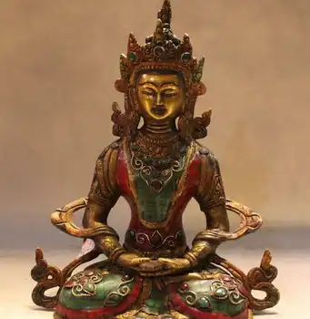 

11"Tibet Buddhism Temple Bronze Gold Turquoise Coral Gem Amitayus Buddha Statue