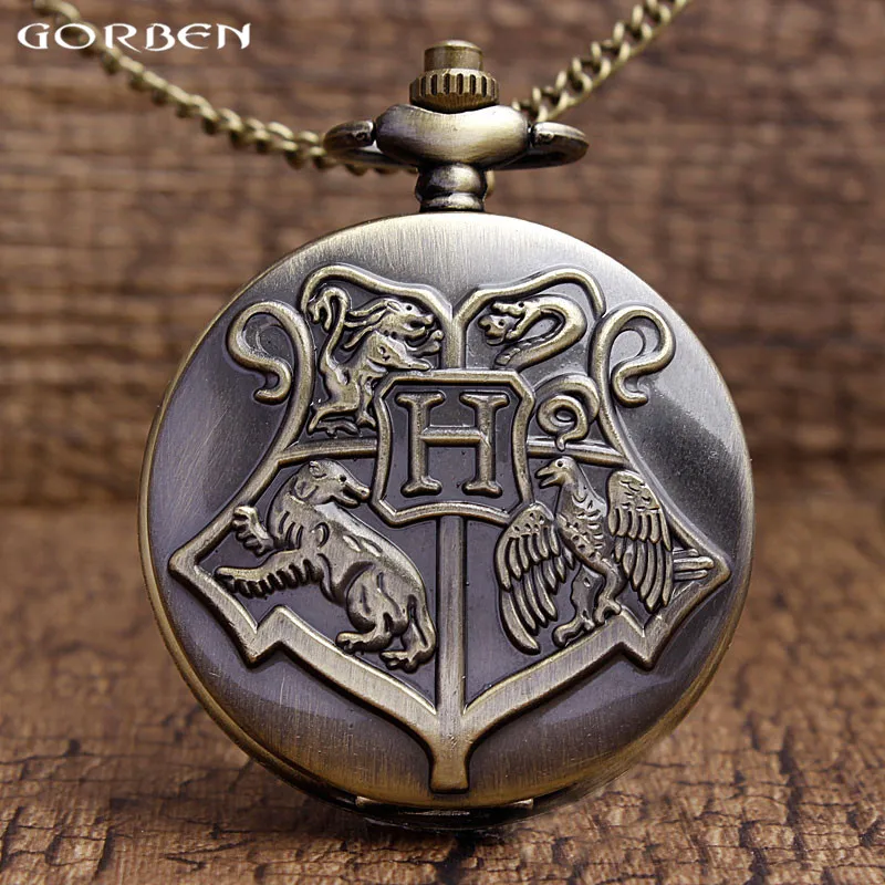 Retro Hogwarts School Bronze Pocket Watch Harry Potter Quartz Pocket Watches Men Women Gifts With Chain Necklace Children P305 stylish harry potter felixfelicis necklace for women