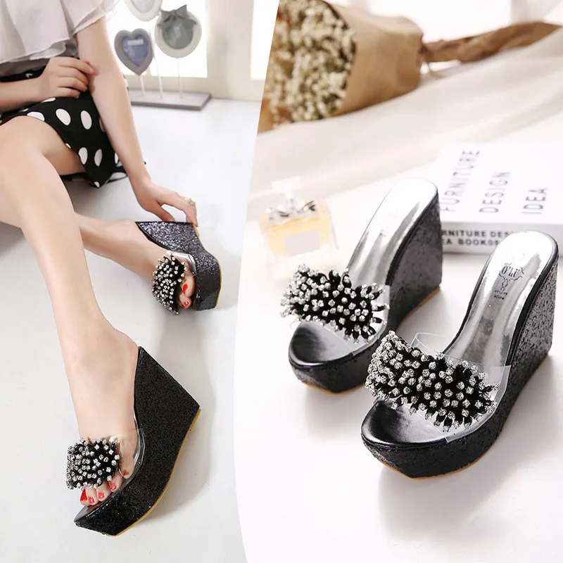 

Bottom Crystal Rhinestone Transparent Slope Waterproof Platform Woman Sandals