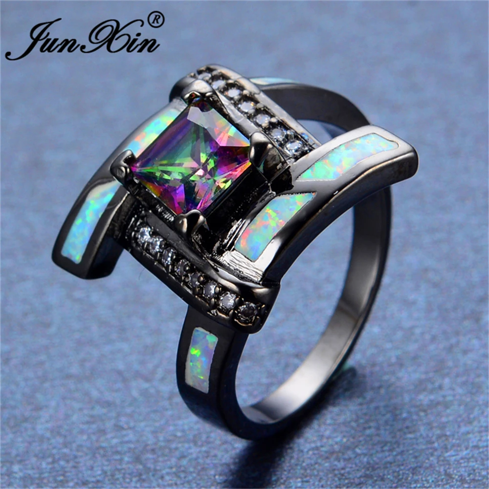 

JUNXIN Geometric Design Female Blue & White Fire Opal Ring Fashion Black Gold Filled Jewelry Vintage Wedding Rings For Women