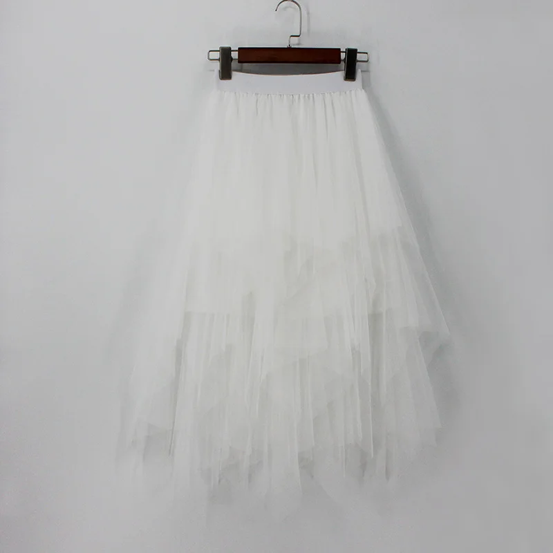 Весна лето Jupe Тюль Femme сетка до колена асметричная Лоскутная юбка-пачка с завышенной талией и асимметричным подолом для женщин - Цвет: White