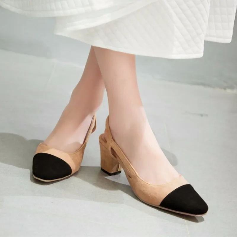 

Lady's Retro Fashion Pointed toe big size 42 43 Back strap patchwork Flock Soft leather Med high heels women shoes Pumps Sandals