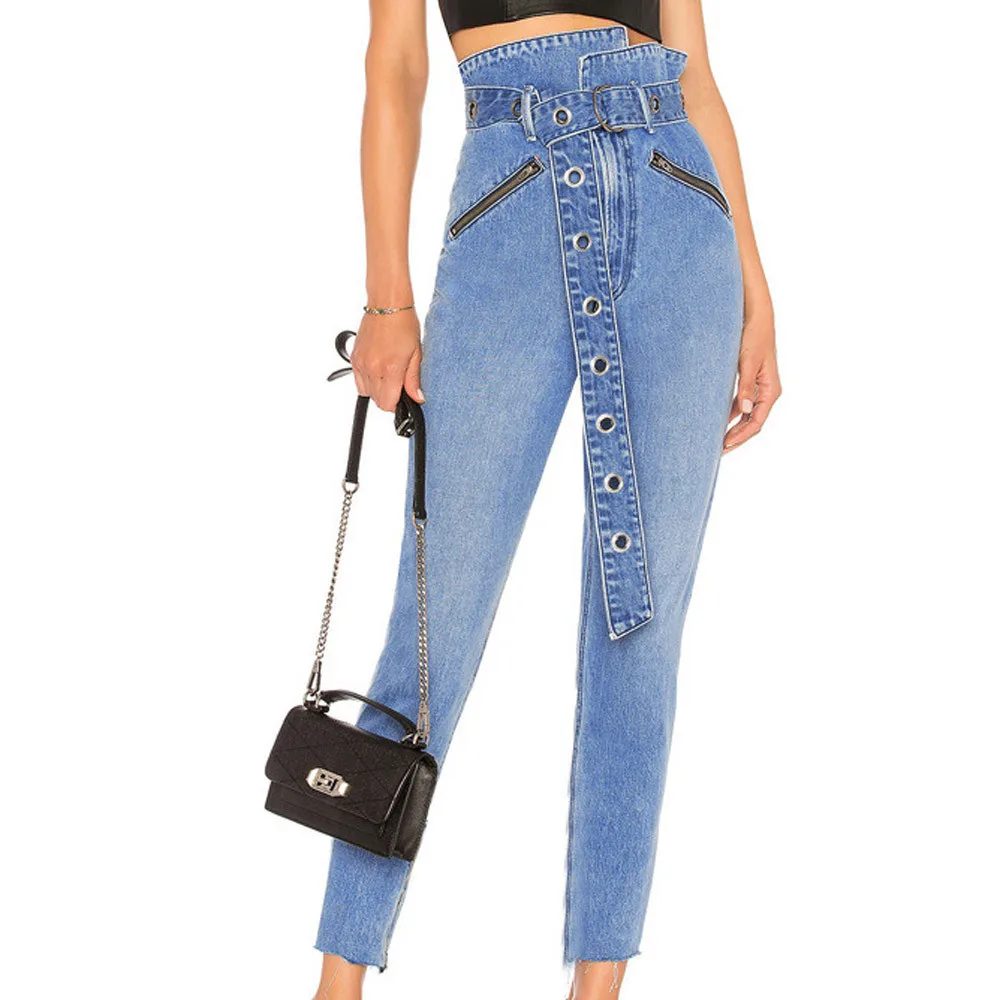 Прямая поставка для женщин Высокая талия цветок бутон карман обтягивающие джинсы брюки+ пояс эластичный пояс модный дизайн с высокой талией