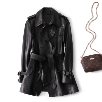 

Natural sheepskin leather jacket women turn down collar adjustable waist real leather coat outerwear 2019 autumn winter