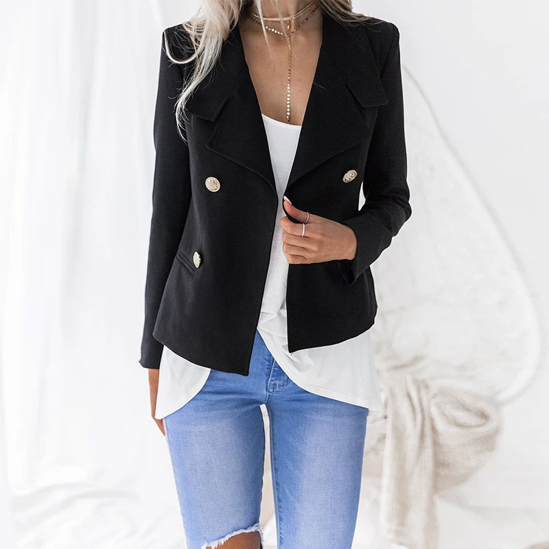 

2019 Autumn Blazer Coat Female Long Sleeve Button Lapel Collared Jackets Women Suit Tunic Double Breasted Blazer OL Outwears