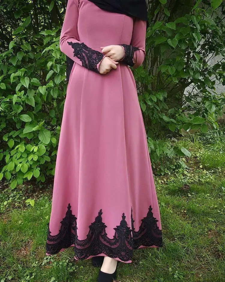 Women Lace Cuff Kaftan Abaya Muslim Islamic Long Sleeve Maxi...