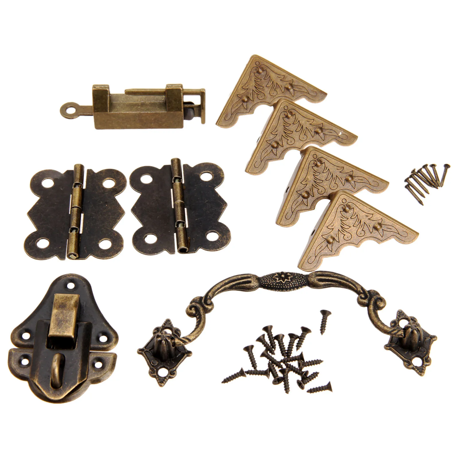 9Pcs/set Furniture Hardware Chinese Brass Hardware Antique Wooden Box Latch Hasp+Pull Handle+Hinges+Corner Protector+Old Lock