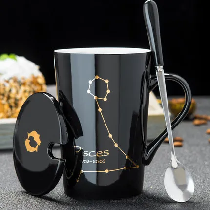 12 унций Созвездие креативные керамические кружки, кофейная кружка с крышкой ложки большой емкости чашки и кружки для чая tasse chat - Цвет: 24 (Pisces)