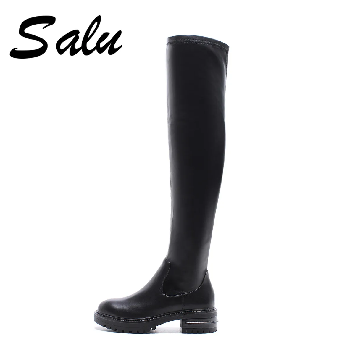 

Salu 2018 new spring autumn chunky Genuine leather heels high heels Stretch boots over the knee burgundy black boots
