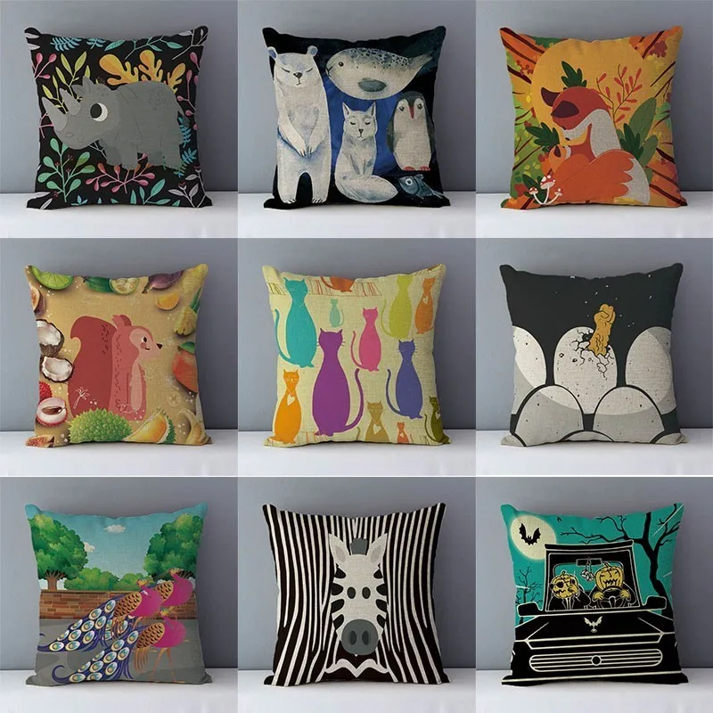 

Kids room decorative cushion cover cartoon animals print couch pillow case 45x45cm cotton linen pillowcase for Children bedroom