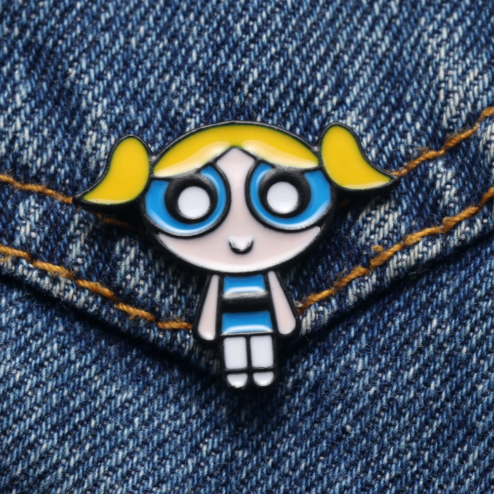 3 стиля Powerpuff девушки синий мультфильм глаза милая металлическая Глянцевая воротник булавка Нагрудный значок Ювелирная брошь подарки для детей