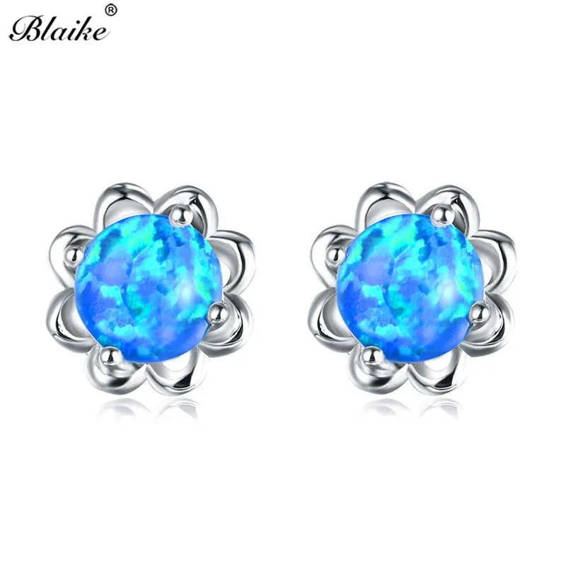 Женские серьги с цветком Blaike синие/зеленые/белые опалом Двухсторонние из серебра
