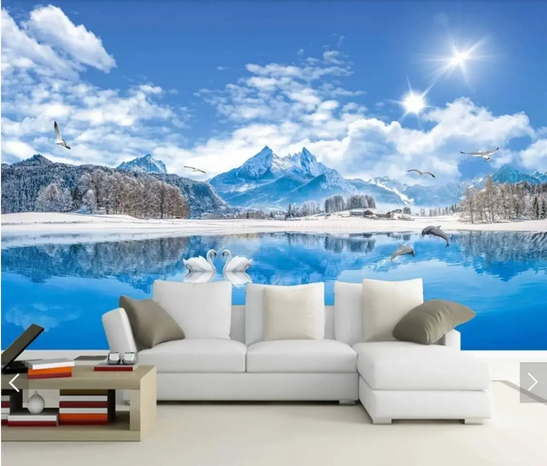 HD Mural Blue Sky Swan Lake Photo Wallpaper Mural Landscape Living Room