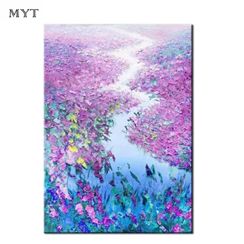 

MYT Canvas oil painting wall art cuadros abstract pick flower river acrylic painting for living room decor palette knife picture