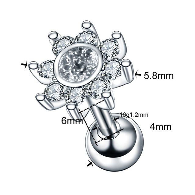 Steel Crystal Flower Ear Cartilage Helix Orelha Ear Stud Tragus Barbell Piercing Labret Lip Rings Sexy Charming Jewelry 16G