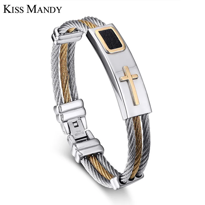 

KISS MANDY Length Bracelet for Women Men Bangle Watch Band Design Stainless Steel Net Band Christ Cross Prayer Jewelry OTB248